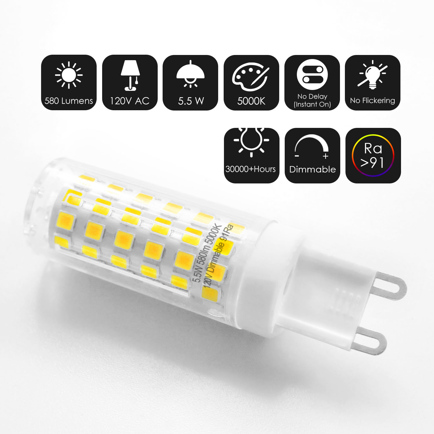 High CRI G9 LED Light Bulbs 8 Pack, FlickerFree Fully Dimmable 5.5W