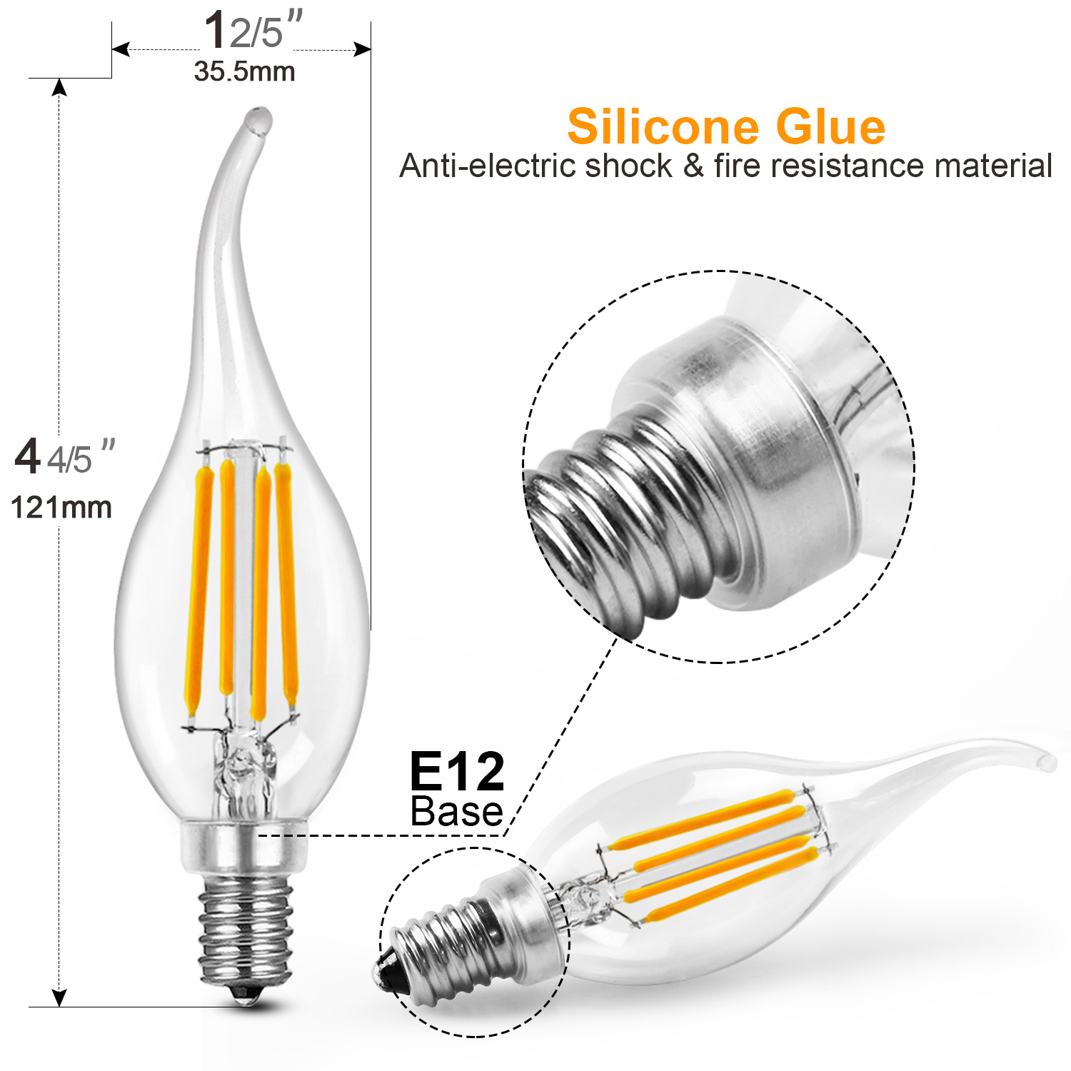 Dimmable Candelabra LED Light Bulbs 4 Watt, 90+Ra, 2700K Warm White