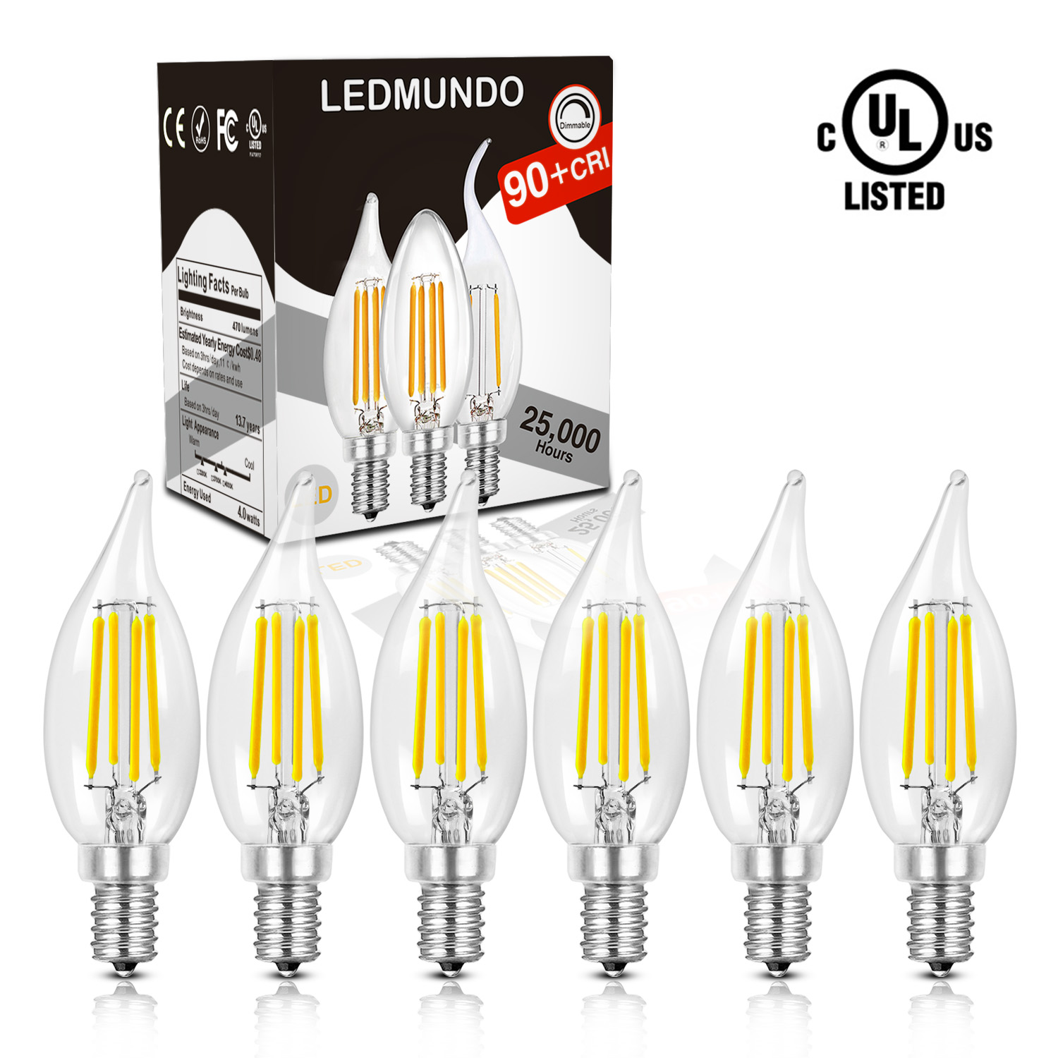 Dimmable Candelabra LED Light Bulb 4 Watt, 90+Ra 4000K Natural