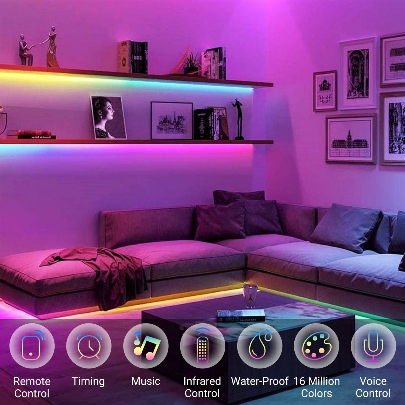 Smart LED Strip Lights, 16.4 ft, High Brightness, IP65 RGB Color